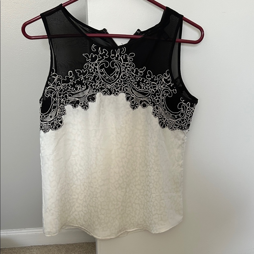 White House Black Market Black and White Embroidered Blouse